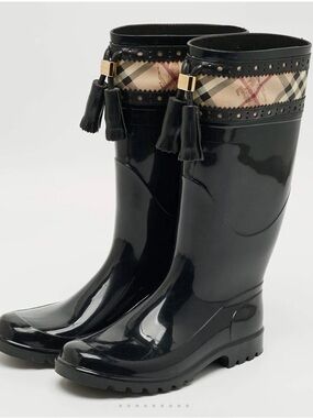 Burberry Black Rain Boots with Beige Check Trim and Tassels
